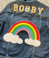 Personalised denim jacket kids girls/ boys- sequin rainbow XL patch