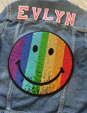 Personalised denim jacket kids girls/ boys- sequin rainbow XL patch