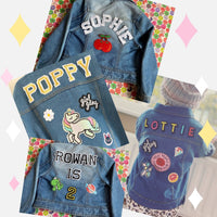 Personalised denim jacket kids girls/ boys- sequin rainbow XL patch