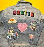 Unicorn personalised denim jacket // Rainbow gift for kids, custom name, girl gang, sequin, sparkles, unicorn lover, xmas girls outfit