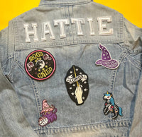 Wizard personalised denim jacket // Magic school, Witch gift for kids, custom name, spells, owl, cat, book lover, full moon, girls outfit