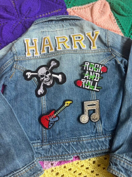 Rock ’n’ roll personalised denim jacket // Custom gift for kids, christmas present boys and girls, punk rocker, skull, metal kid, trouble