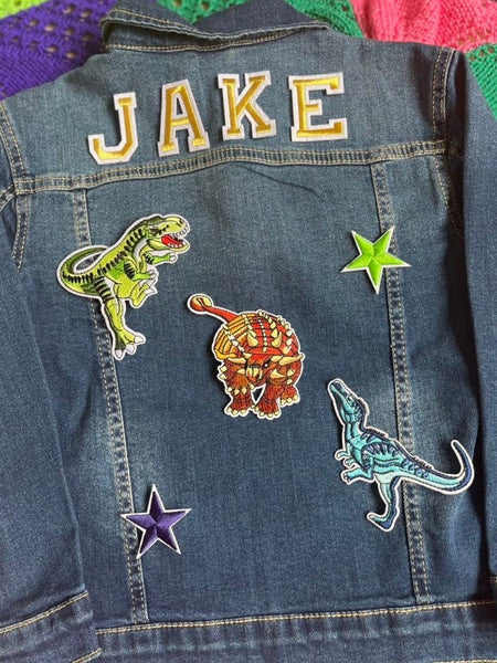 Dinosaur personalised denim jacket // Custom name gift for kids, christmas present boys, Dino lover, T. rex, xmas Boys gift