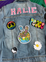 Girl power, 90s peace lover, personalised denim jacket // Custom name gift for kids, christmas present girls, hippy, spice girls, xmas girls