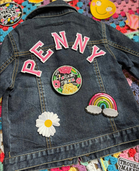 Classic PINK personalised custom denim jacket kids unisex patch - pink name